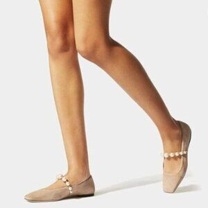 FOWT Women Square Toe Slip on Flats Pearl Studded Strap Elegant Pumps Nude Shoes